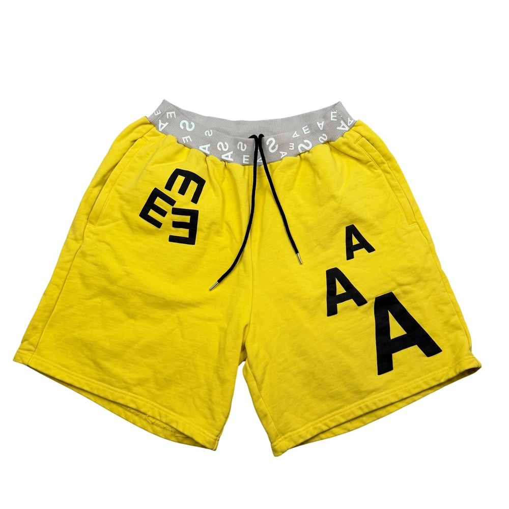 Wind and Sea Shorts Mens M Yellow Graphic Logo Drawstring‎ Zipper Pockets
